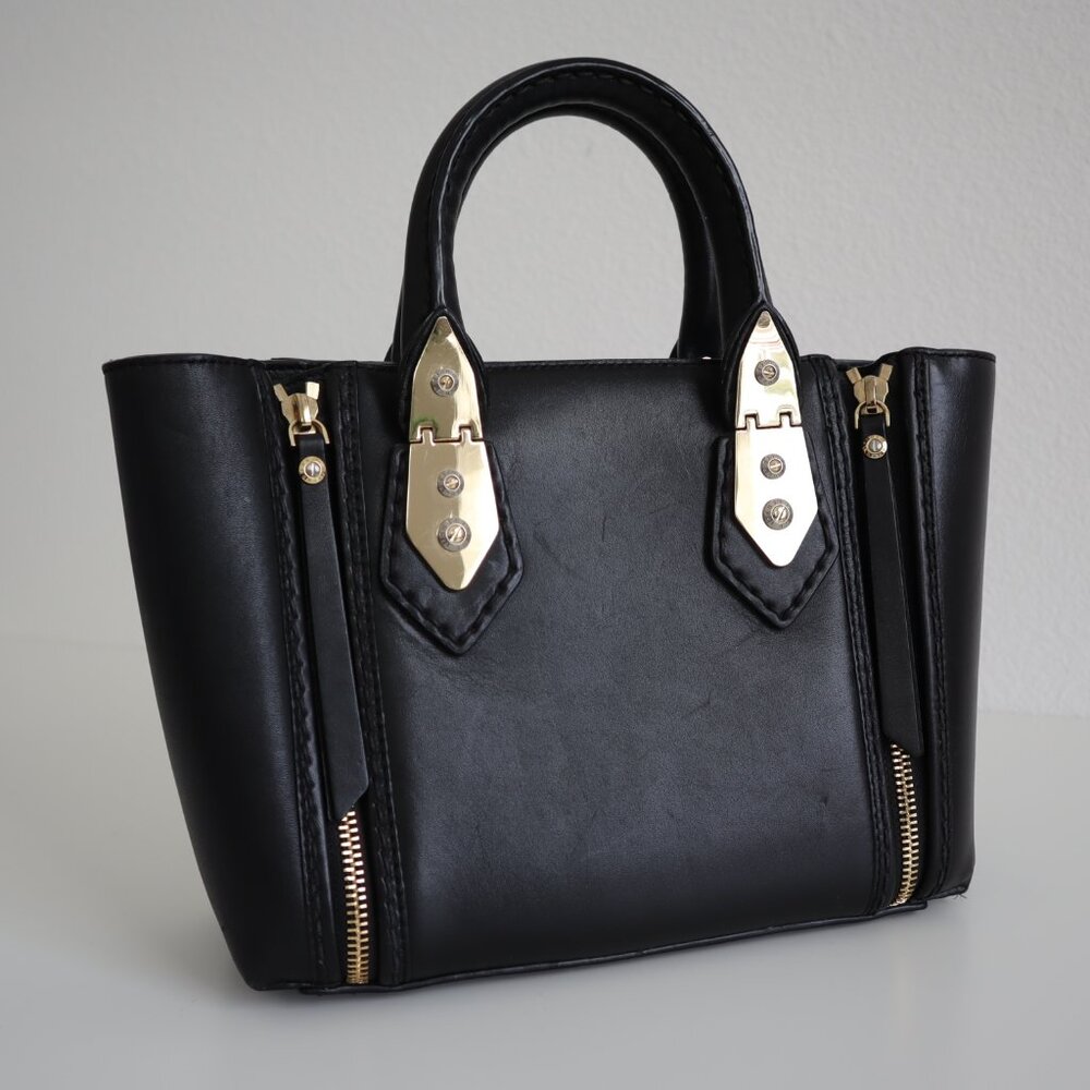 henri bendel Black Leather Top-Handle Tote with Gold Hardware